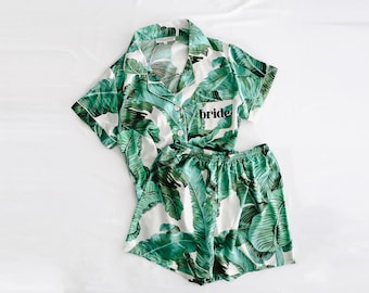 green palm leaves pajama set, banana leaf tropical pajama set, monogram pajamas, bride pajamas, bridesmaid pajamas, hawaiian pajamas, custom