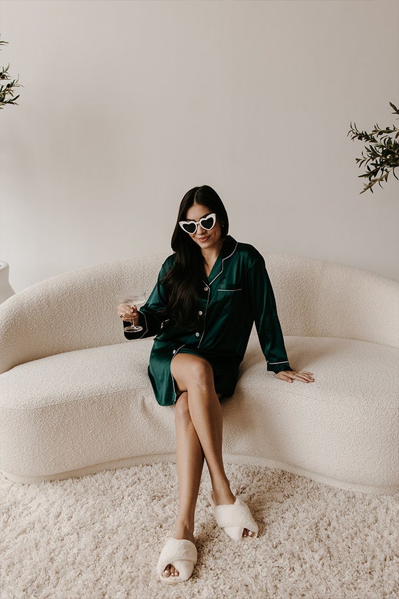 glam sleepwear, elegant sleepwear, luxury loungewear, forest green pajamas, green theme wedding, chic satin sleep top, silk style gift, pjs