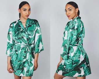 green palm leaf robe, bridesmaid robe, hawaiian robe, bridal party robes, banana leaf robe, tropical robe, destination wedding robes, satin
