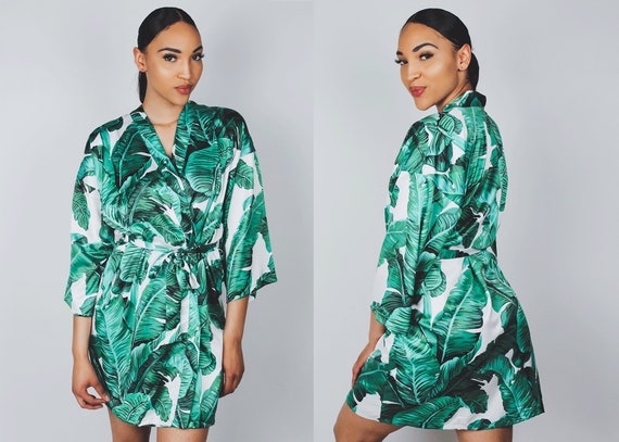 green palm leaf robe, bridesmaid robe, hawaiian robe, bridal party robes, banana leaf robe, tropical robe, destination wedding robes, satin