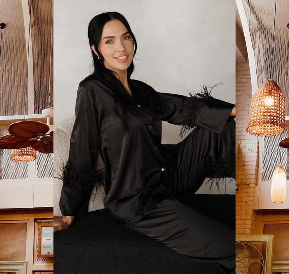 Black Feather Pajama Set | Satin Sleepwear for Women | Cozy Pajamas | Perfect Gift for her | Chic Sleepwear | Glamorous Sleep Set | Cozy pjs