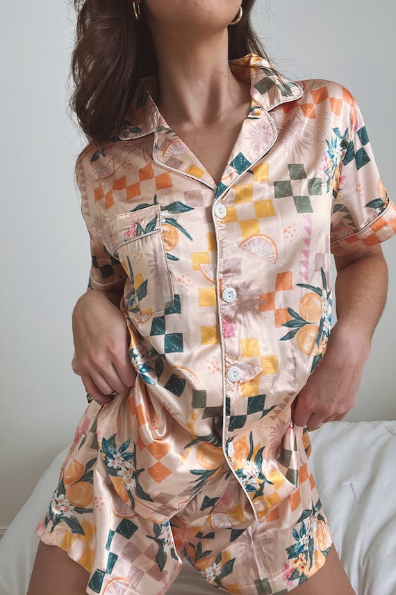 fruit pattern pajamas, tile print pajamas, fruit pattern matching set, pattern pajamas, bride, birthday, monogram pajamas, tile pattern set