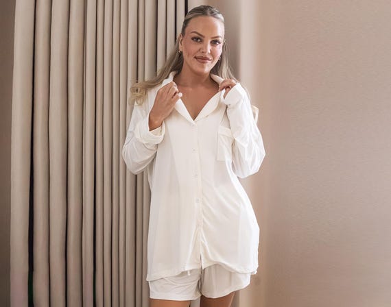 White Modal Pajama Set, Long Sleeve & Shorts Sleepwear, Women's Soft Lounge Set