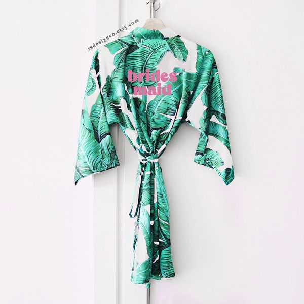 green palm leaf robe, bridesmaid robe, hawaiian robe, bridal party robes, banana leaf print, tropical satin robe, wedding robes, custom robe