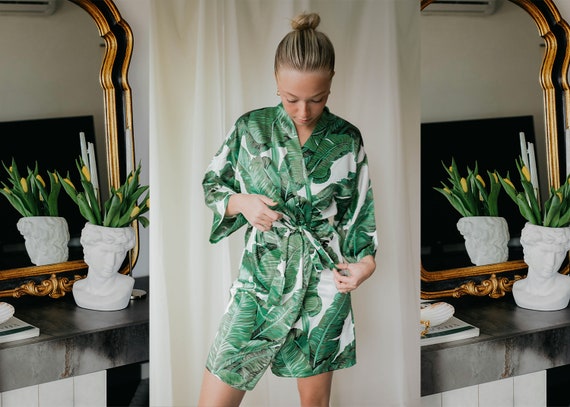 custom satin robe, beach wedding robes, beach tropical robes, green satin robes, palm leaf robe, green tropical robe, custom name robe, robe