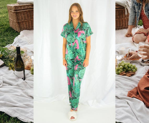 palm leaves pajama set, banana leaf pajamas, monogram pajamas, bridal party pajamas, bridesmaid pajamas, bride pj's, custom pajamas, beach