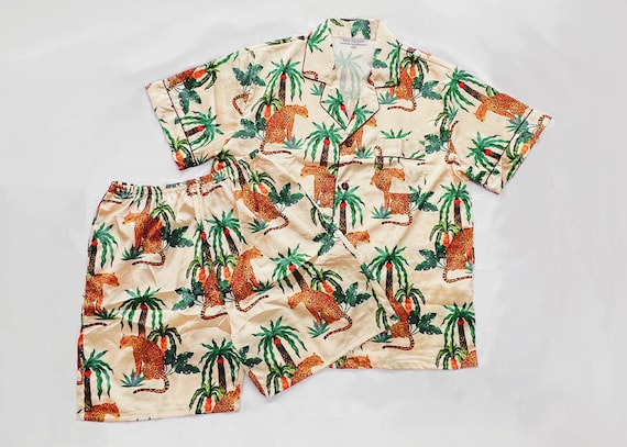 men's safari pajamas, men's animal print  pajamas, men's cheetah pajamas, tropical pajamas for men, groom pajamas, men's palm pajamas, beach
