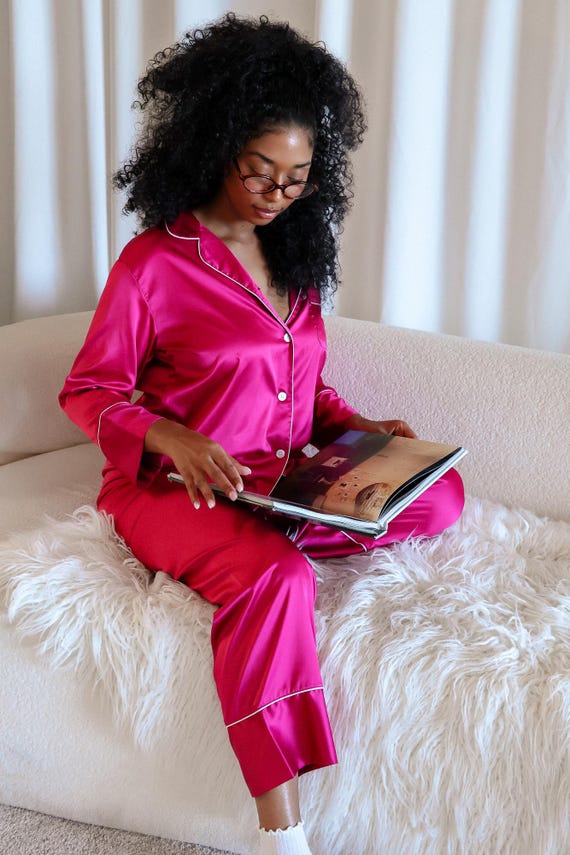 Custom Satin Pajama Set, Hot Pink or Pink Berry, Stretchy Lounge Pants and Top, Personalized Name Sleepwear, Birthday Gift