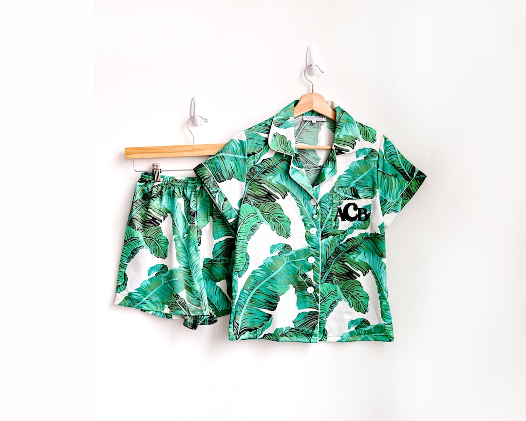Green Palm Leaf Pajamas, Banana Leaf, Monogram Pajamas, Bride