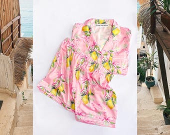 luxury lemon pajamas, floral lounge set, cute floral sleep set, lemon print pajamas, trendy floral sleepwear, cozy loungewear, perfect gift