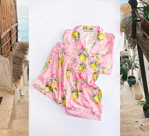 luxury lemon pajamas, floral lounge set, cute floral sleep set, lemon print pajamas, trendy floral sleepwear, cozy loungewear, perfect gift