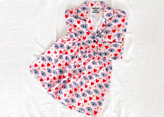pink pattern pajamas, girly pattern pajamas, eyelash pajamas, bridesmaid, bride, birthday girl pajamas, stars pajamas, heart print pajamas