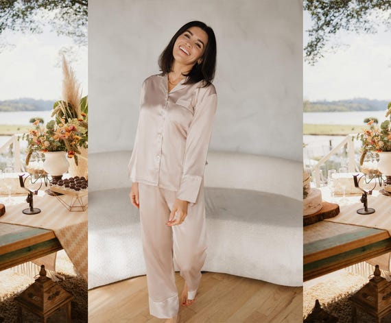 Ivory Satin Matching Pajamas - Custom Name Sleepwear - Elegant Custom Gift - Chic & Comfy Sleepwear - Champagne Beige Satin Pajamas - Cozy