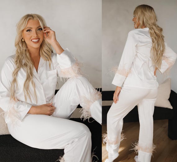 Elegant Feather Trim Pajamas, Stylish Sleepwear, Sleepwear for Brides, Special Moments, Luxurious Lounge Set, Feather Details, Everyday Glam