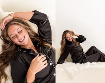 Bridal Black Satin Pajama Set, Personalized Pants Pajamas, Black Tie Wedding Morning Loungewear