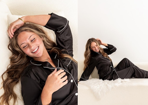 Bridal Black Satin Pajama Set, Personalized Pants Pajamas, Black Tie Wedding Morning Loungewear