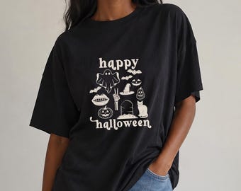 Camiseta adorable de Halloween, camiseta estampada de terror para mujer, conjunto para festivales de otoño, top para fiesta de Halloween.