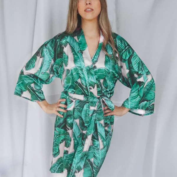 green banana leaf robe, palm leaf robe, bridesmaid robe, bride robe, wedding robes, bridal party robes, custom robe, tropical, Hawaiian robe