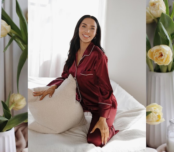 Wine Satin Pajama Set – Deep Purple Lounge Pants & Shirt – Luxury Sleepwear - Deep Wine Satin Pajamas - Soft and Silky PJs for Cozy Nights