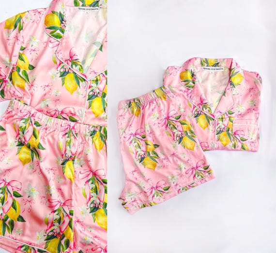 pink fruit print satin pajamas, soft sleepwear, lemon satin pajamas, floral lemon sleep set, floral fruit sleepwear, personalized lounge set