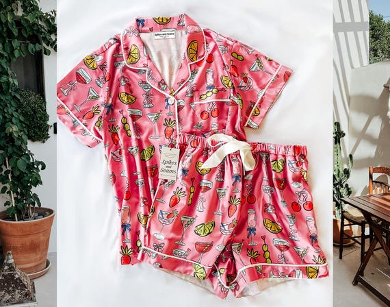 Pink Cocktail Satin Pajamas, Girls Night pajamas, Printed Silk Party PJs, Bachelorette & Slumber Parties, Satin Silk Sleepwear, Bridal Party