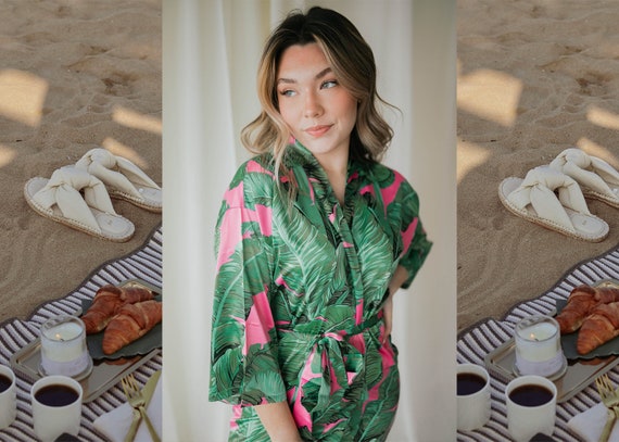 custom satin robe, beach wedding robes, beach tropical robes, pink satin robes, palm leaf robe, pink tropical robe, custom name robe, robe