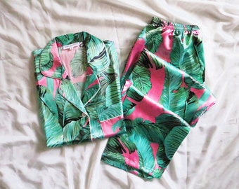 pink tropical pajamas, tropical pajama pants, women's tropical pajamas, matching tropical set, matching club set, banana leaf, palm leaf