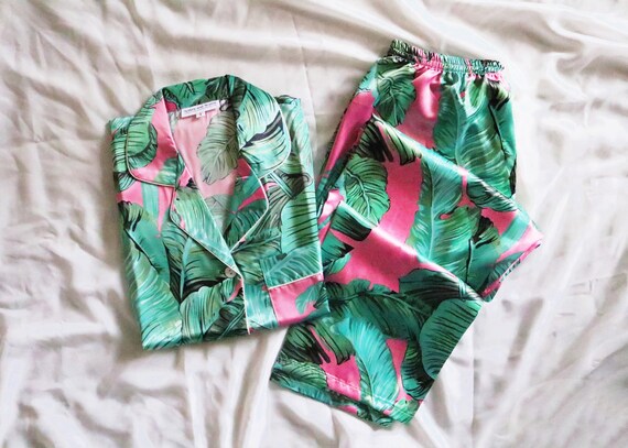pink tropical pajamas, tropical pajama pants, women's tropical pajamas, matching tropical set, matching club set, banana leaf, palm leaf