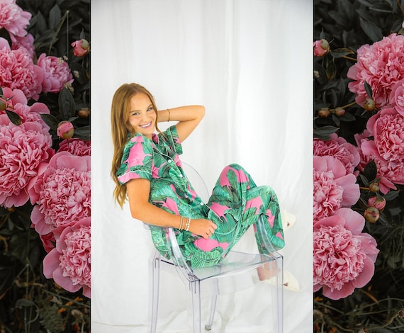 pink palm leaf pajama set, monogram pajamas, bridesmaid pajamas, bride pajamas, tropical hawaiian pajamas, custom pajamas, pajama pants, pj