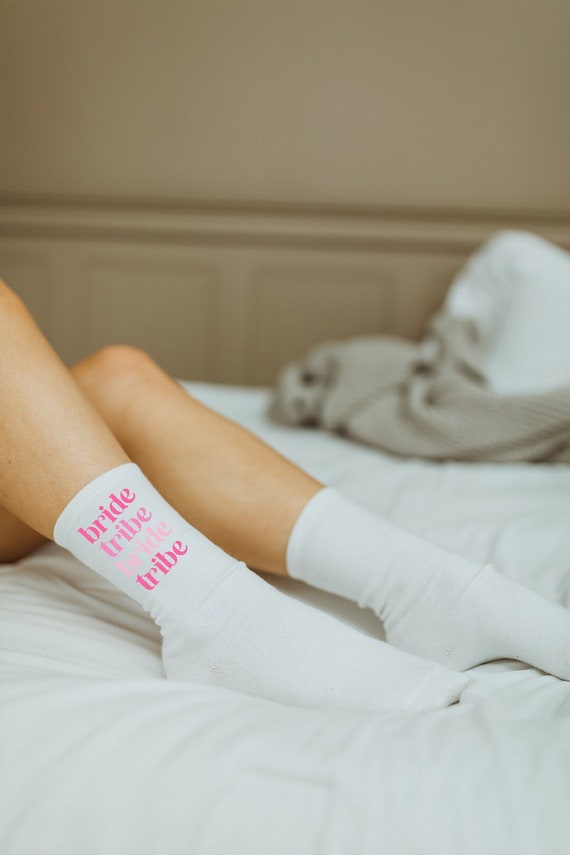 bride tribe, custom crew socks, bridesmaid, wedding favors, wedding gift, bridal party, custom socks, crew socks, custom, white socks, bride
