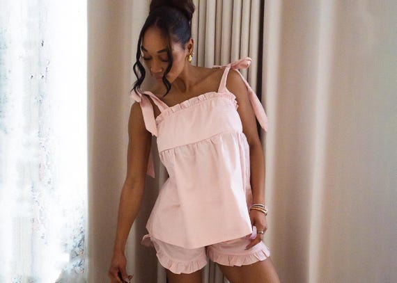 Pink Cotton Pajamas, Ruffle Hem Sleep Set, Custom Monogram Shorts