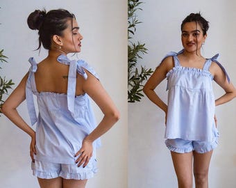 Conjunto de pijama azul con tirantes, ropa de dormir adorable para despedida de soltera, pijama de algodón.