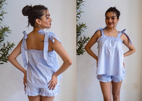 Blue Cami Pajama Set, Cute Bridal Party Sleepwear, Cotton Pajamas