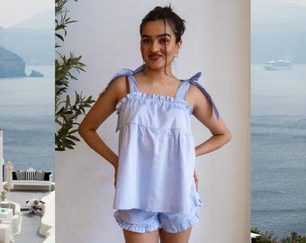 Conjunto de pijama azul con tirantes y lazo, pijama de algodón para bodas, pijama personalizado para damas de honor.