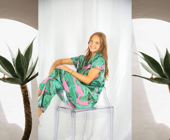pink palm leaf pajama set, monogram pajamas, bridesmaid pajamas, bride pajamas, tropical hawaiian pajamas, custom pajamas, pajama pants, pj