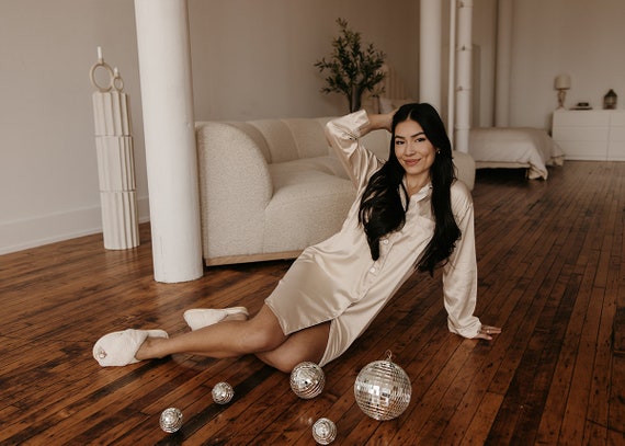 Ivory Satin Sleep Shirt – Relaxed Fit Nightgown, Luxury Sleepwear, Bridal Pajama Shirt - Champagne Satin Pajama Shirt - Soft & Silky - PJs