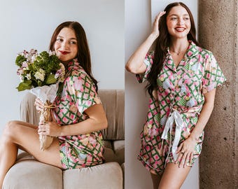 Pickleball Daisy Satin Pajama Set, Sporty Sleepwear