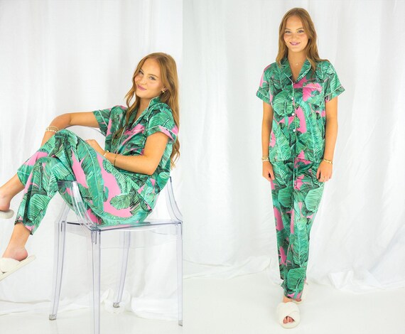 banana leaf pajama set, women's tropical pajamas, wedding pajamas, staycation pajamas, hawaiian pajamas, pajama pants set, monogram pajamas