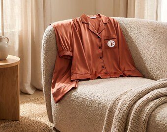 Orange Silky Pajamas, Rust Colored Satin PJ Set, Burnt Orange Pajamas, Soft and Stretchy, Custom Printed Name PJs, Cozy Nights & Cute Photos