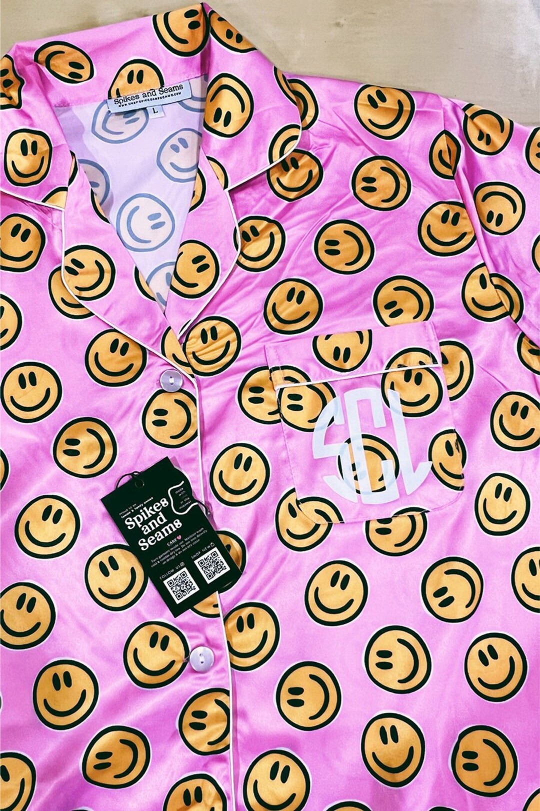 Smiley Face Pajamas, Smiley Print Pajamas, Pink Wedding Pajamas, Bridesmaid, Bride, Birthday