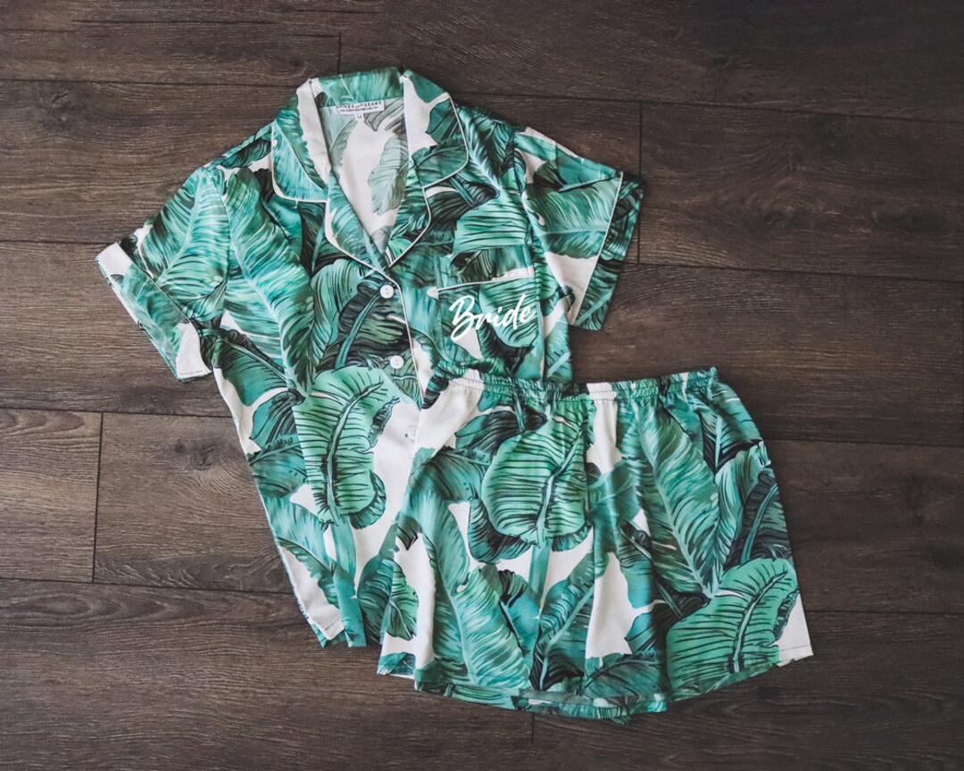 Green Palm Leaf Pajama Set, Banana Leaf Pajamas, Monogram Pajamas