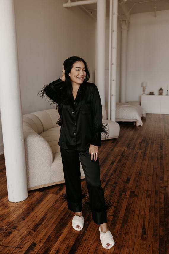 Black Feather Trim Pajama Pants Set, Luxe Satin Lounge Set, Sleepwear for Women, Bridal Robe Alternative, Gift for Her