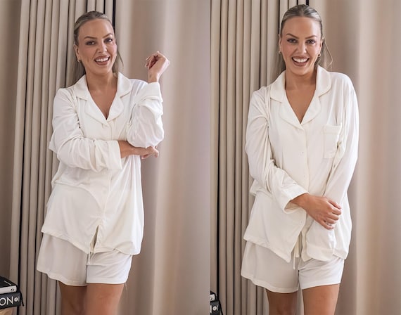 Soft White Pajama Set, Modal Long Sleeve & Shorts Pajamas, Bridal Sleepwear, Soft Loungewear