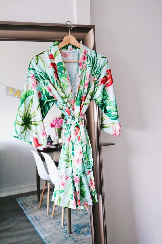 beach wedding robe, satin tropical robe, bridesmaid robe, hawaiian robe, bridal party robes, banana leaf robe, destination wedding robes,