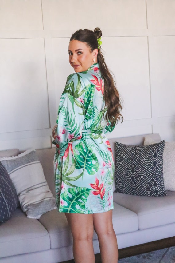 satin tropical robe, bridesmaid robe, hawaiian robe, bridal party robes, banana leaf robe, beach wedding robe, destination wedding robes,