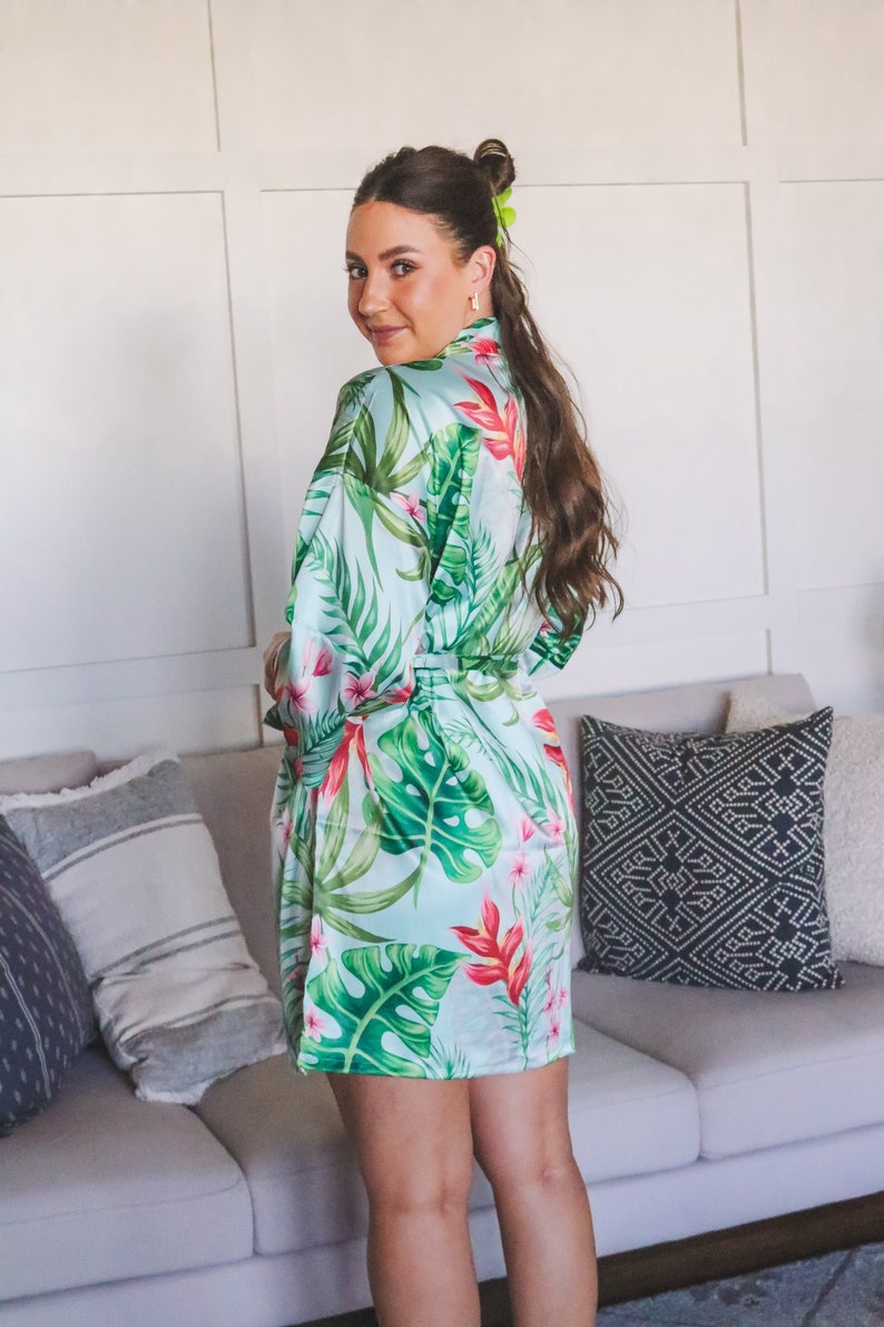 satin tropical robe, bridesmaid robe, hawaiian robe, bridal party robes, banana leaf robe, beach wedding robe, destination wedding robes, image 1