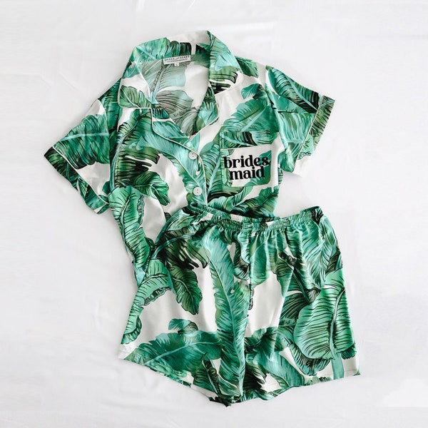 green palm leaf pajama set, banana leaf pajamas, hawaiian pajama set, monogram pajamas, bridesmaid pajamas, bridal party pajamas