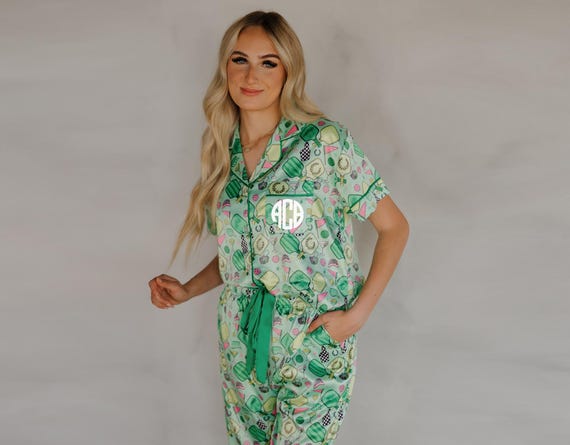 Satin Sleep Set for Pickleball Lovers, Pickleball Lounge Set, Pickleball Pajamas, Fun Pickleball PJs, Pickleball Lover Gift, Flirty Pajamas