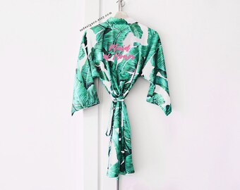 green palm leaf robe, bridesmaid robe, hawaiian robe, bridal party robes, banana leaf robe, tropical robe, destination wedding robes, satin