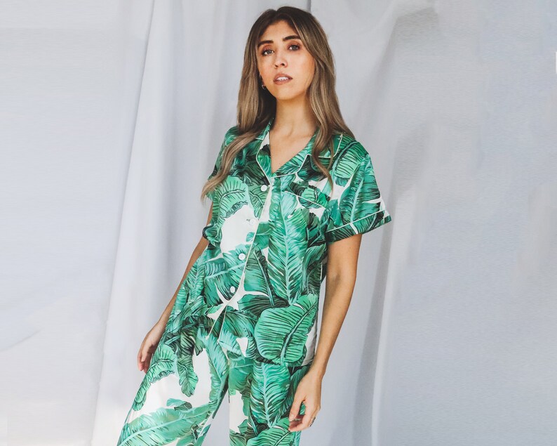 Green Palm Leaves Pajama Set Banana Leaf Pajamas Monogram Etsy